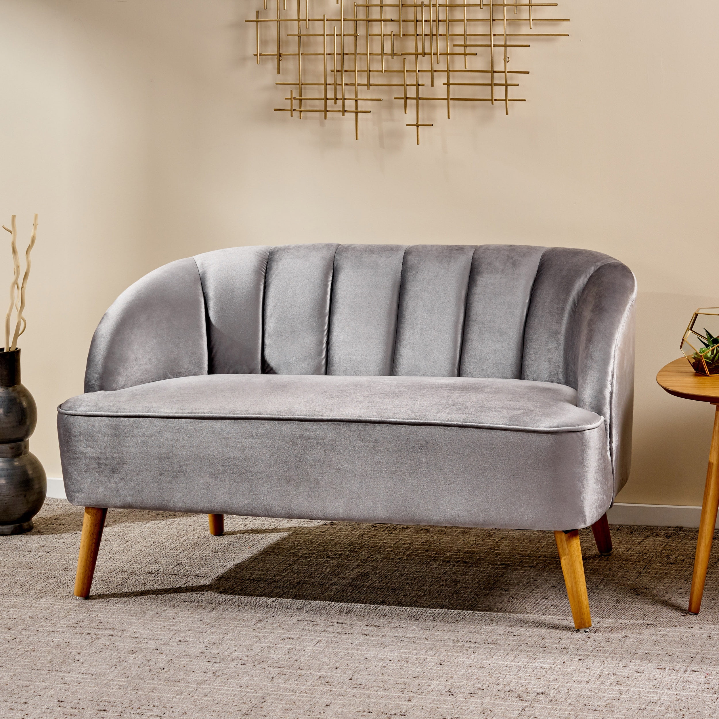 Noble House Albert Indoor Modern Velvet Loveseat. Pewter