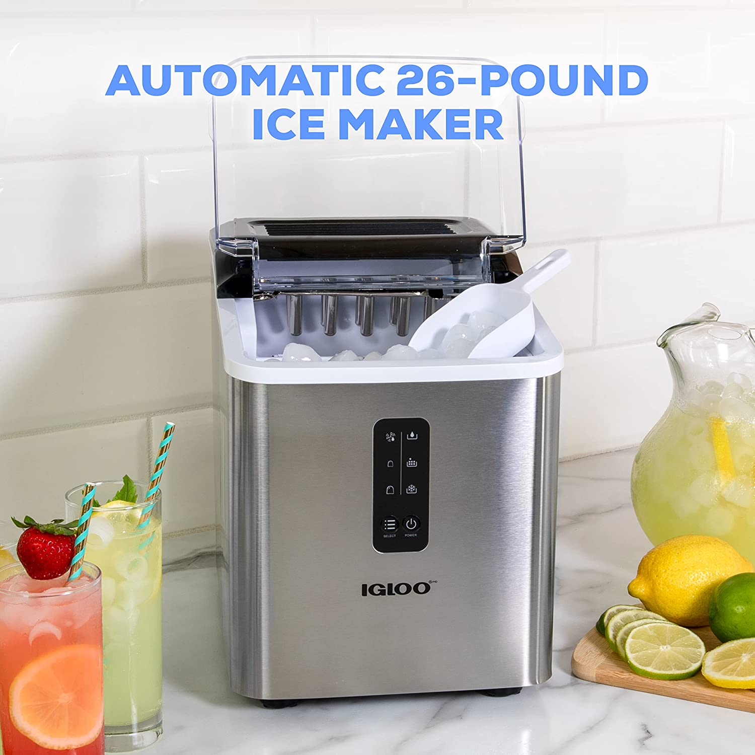 Igloo Automatic Ice Maker. Self- Cleaning. Countertop Size. 26 Pounds in 24 Hours. Ice Cubes in 7 Minutes. LED Control Panel. Scoop Included. Perfect for Water Bottles. Mixed Drinks. Stainless Steel