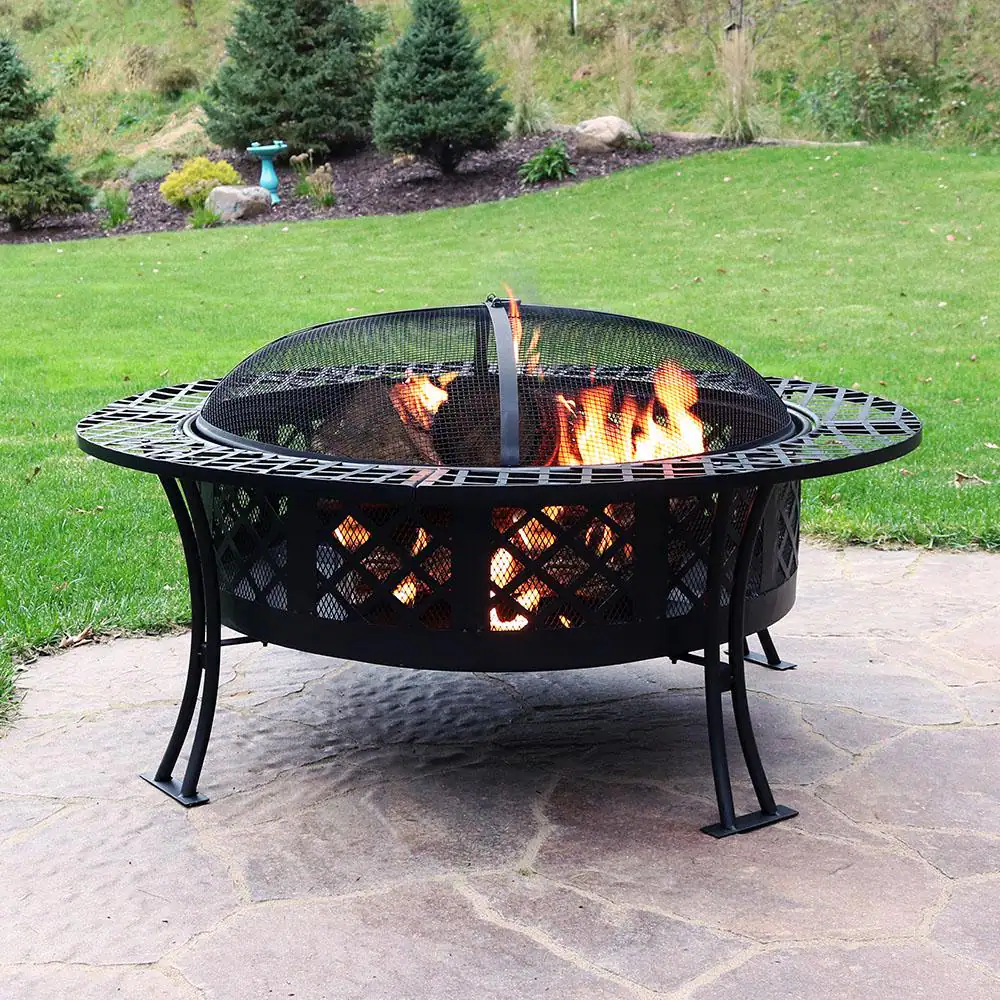 Sunnydaze Decor RCM-LG427 Diamond Weave 40 in. x 20 in. Round Steel Wood Burning Fire Pit in Black with Spark Screen
