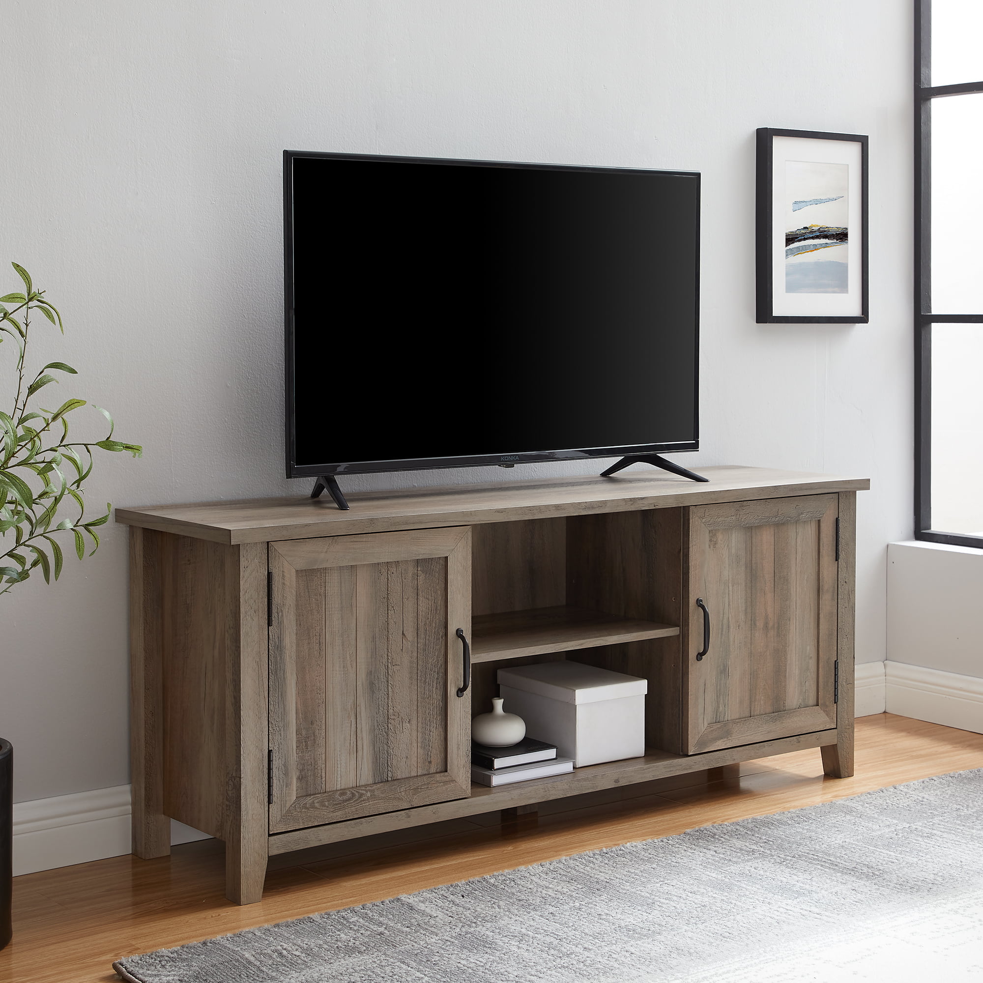 Woven Paths Franklin Grooved 2-Door TV Stand for TVs up to 65″. Grey Wash