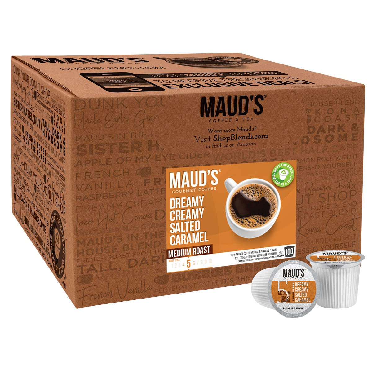Maud-s Salted Caramel Coffee (Dreamy Creamy Caramel). 100ct. Solar Energy Produced Recyclable Single Serve Salted Caramel Flavored Coffee Pods – 100% Arabica Coffee California Roasted. KCup Compatible