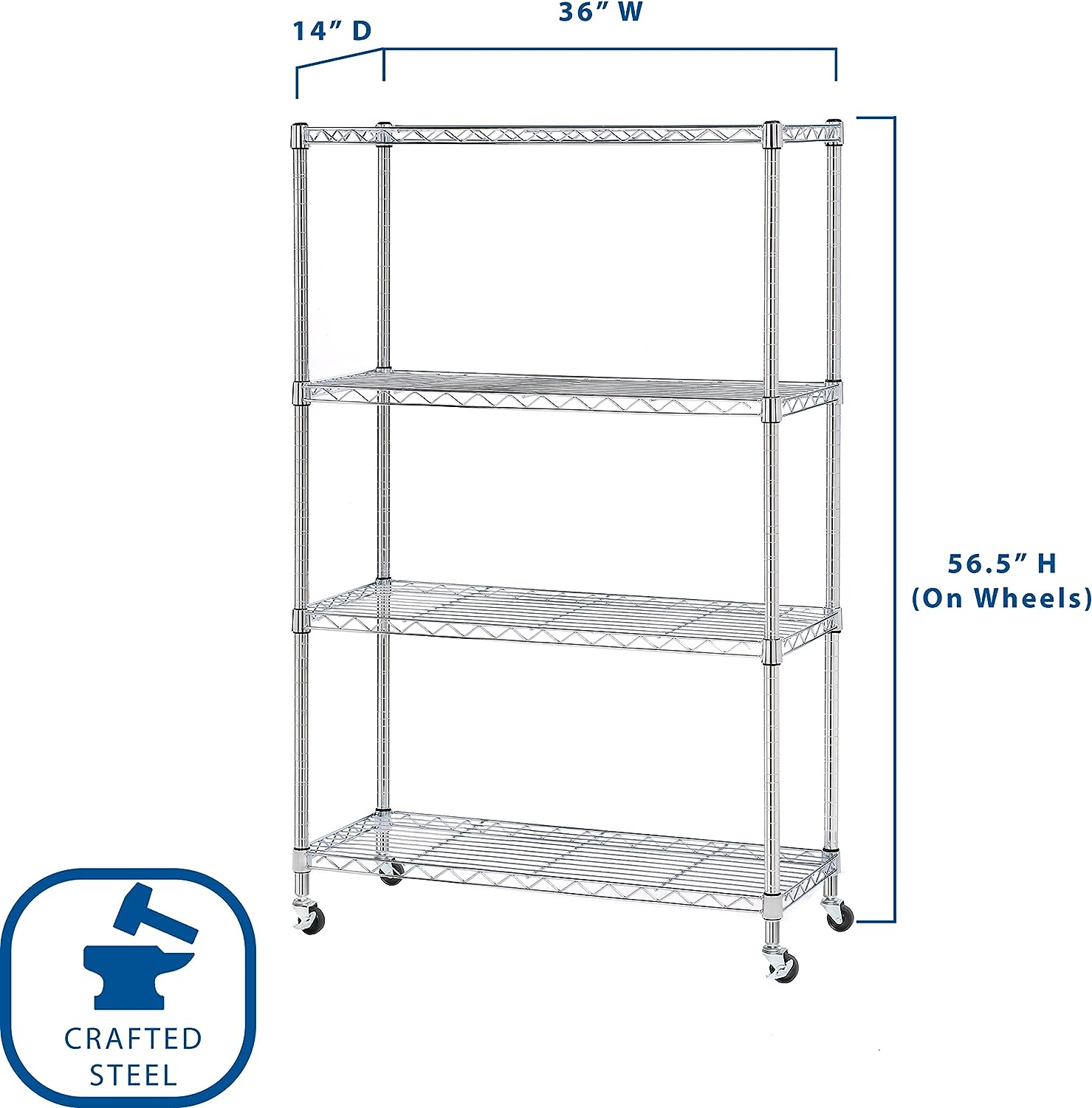Seville Classics Solid Steel Wire Shelving Storage Unit Adjustable Shelves Organizer Rack. for Home. Kitchen. Office. Garage. Bedroom. Closet. Steel. 4-Tier. 36″ W x 14″ D