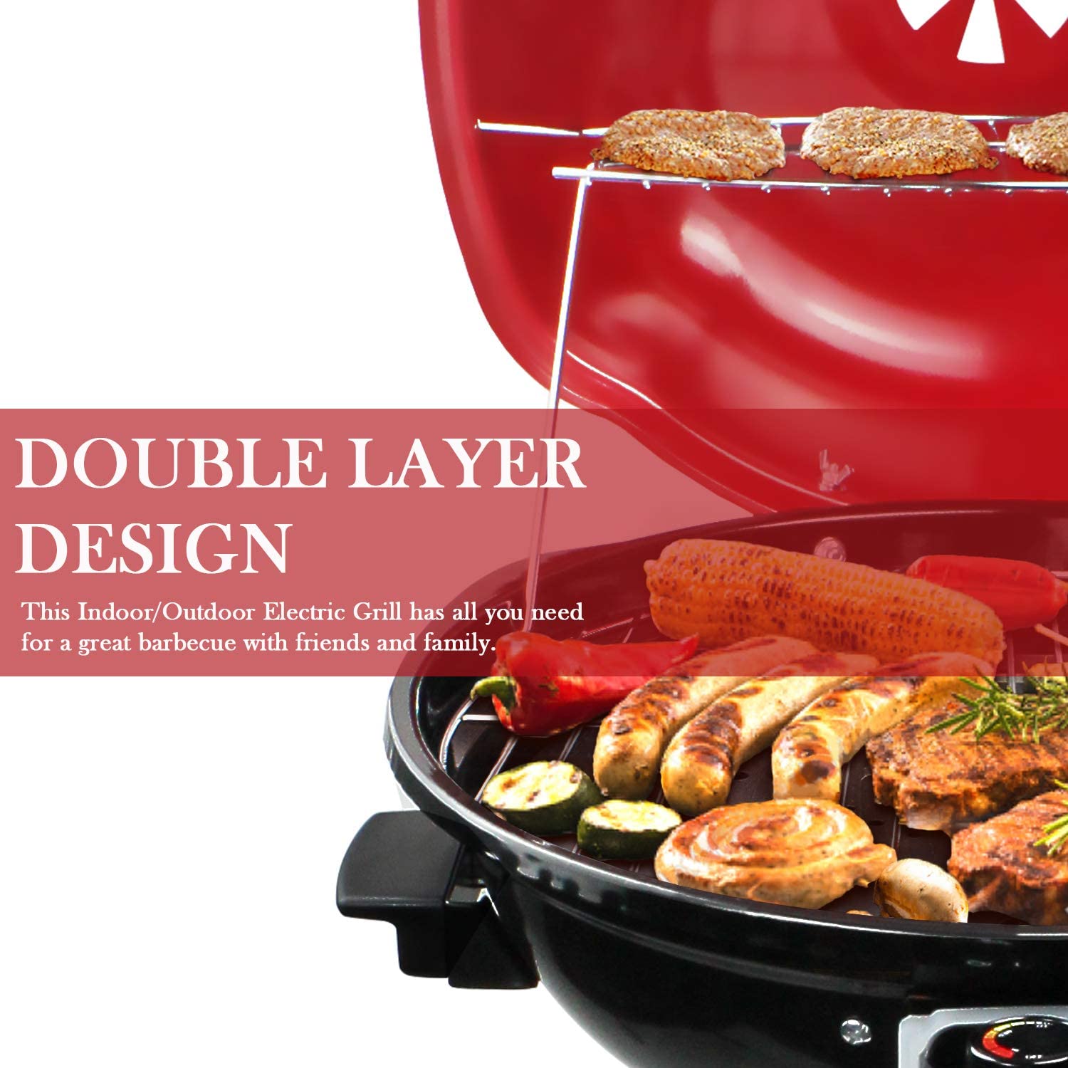 Electric BBQ Grill Techwood 15-Serving Indoor/Outdoor Electric Grill for Indoor & Outdoor Use. Double Layer Design. Portable Removable Stand Grill. 1600W (Stand Red BBQ Grills)