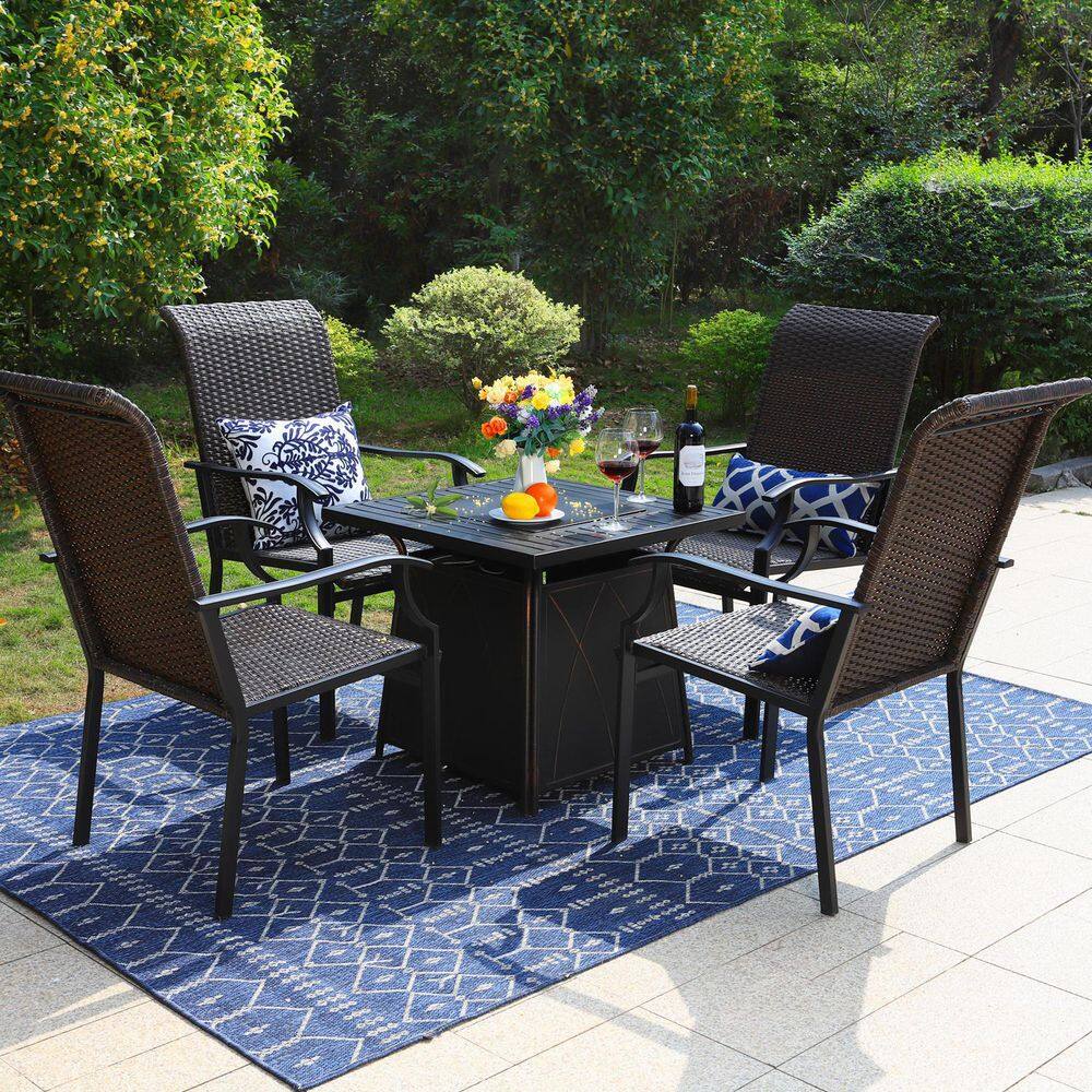 PHI VILLA  5-Piece Rattan Patio Fire Pit Set. 4 Chairs with Wave Armrest High in Back