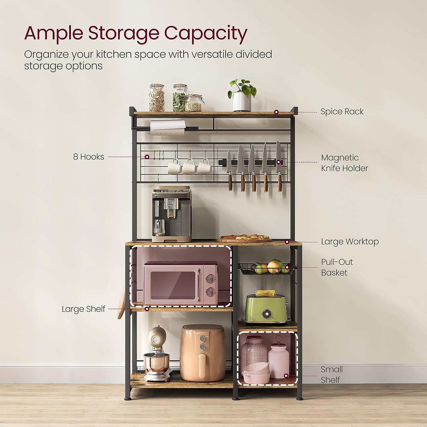 VASAGLE Bakers Rack with Magnetic Knife Holder. Paper Holder. Wire Basket. 8 Hooks. Organizers and Storage. Baker-s Rack with Wire Basket. Ebonized Oak Finish and Black UKKS026B42