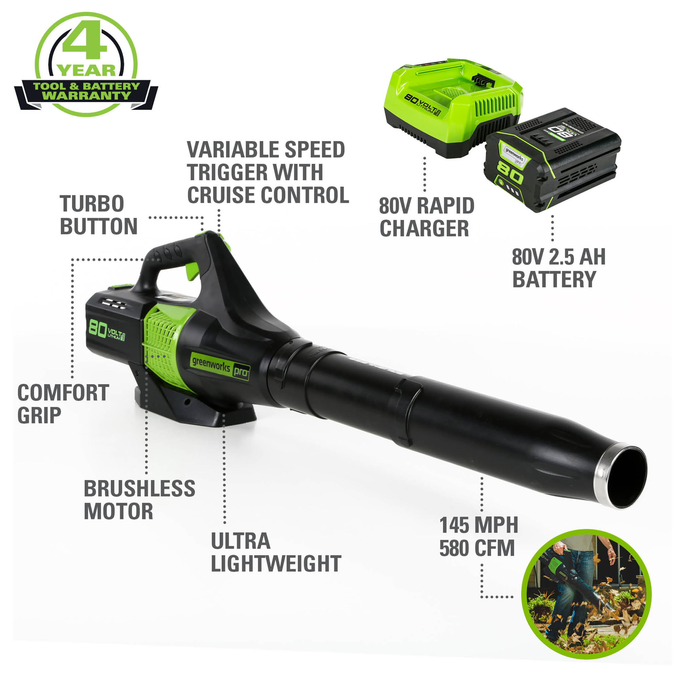 Greenworks PRO 80V Brushless Leaf Blower W/2.5 Ah Battery. 2404602