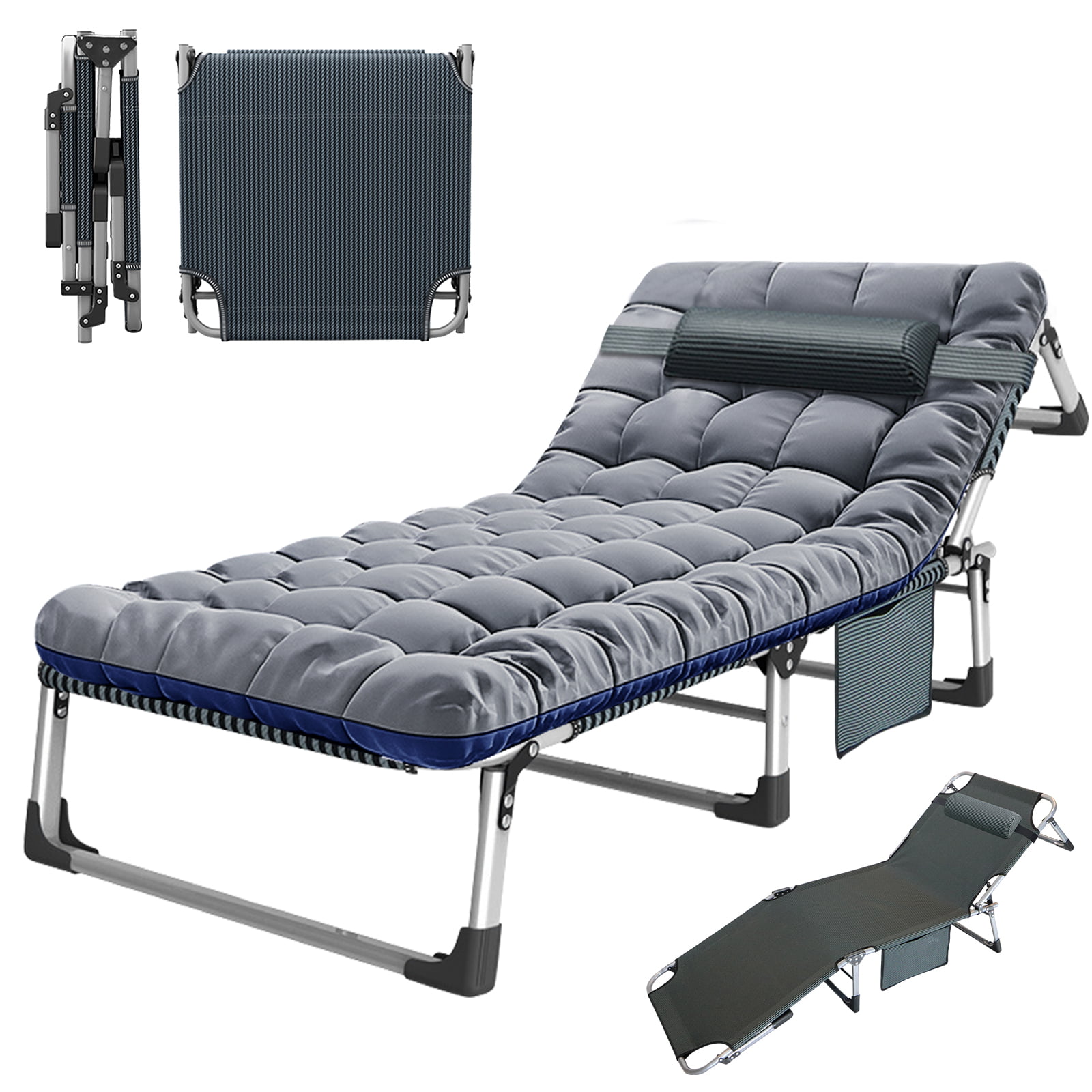 MOPHOTO 75″ Adult Camping Cot Folding Cot with Mattress. Outdoor Patio Adjustable 4-Position Folding Lounge Chair. Gray