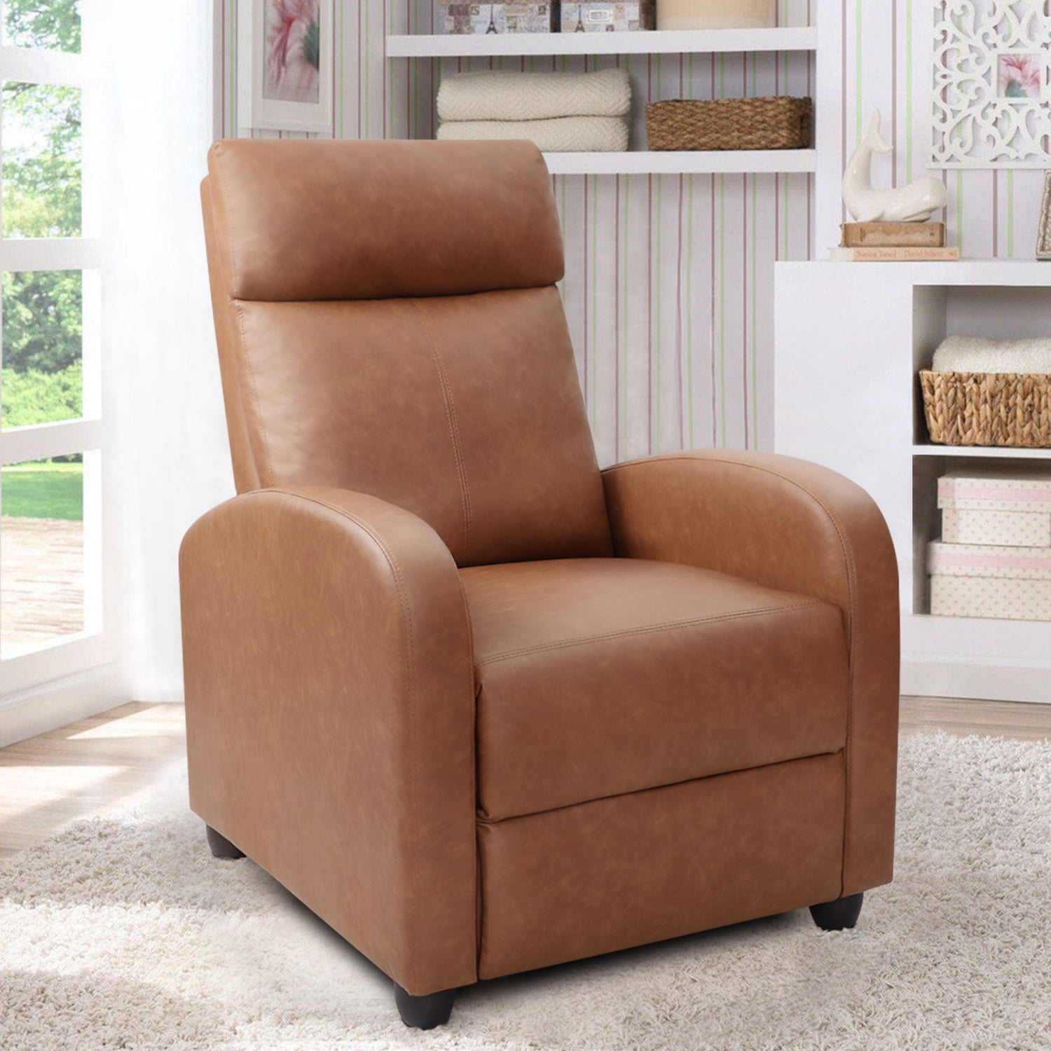 Lacoo Single Recliner Thick Padded Push Back Recliner with Faux Leather. Khaki