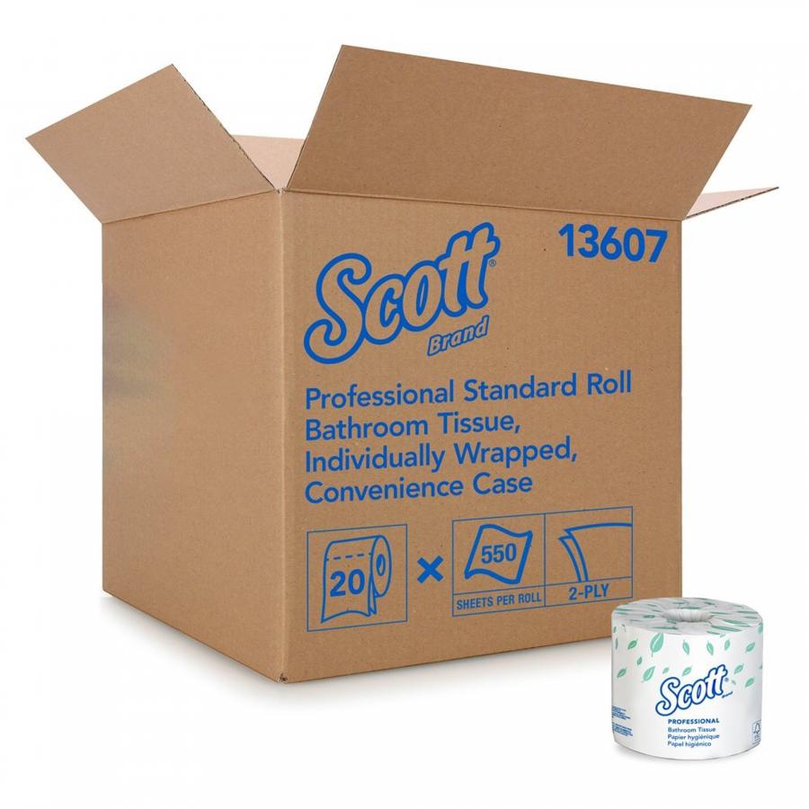 Scott Essential Toilet Tissue. White. 2-Ply. Standard Size Cored Roll. 550 Sheets. 4 X 4-1/10 Inch. 20 Count