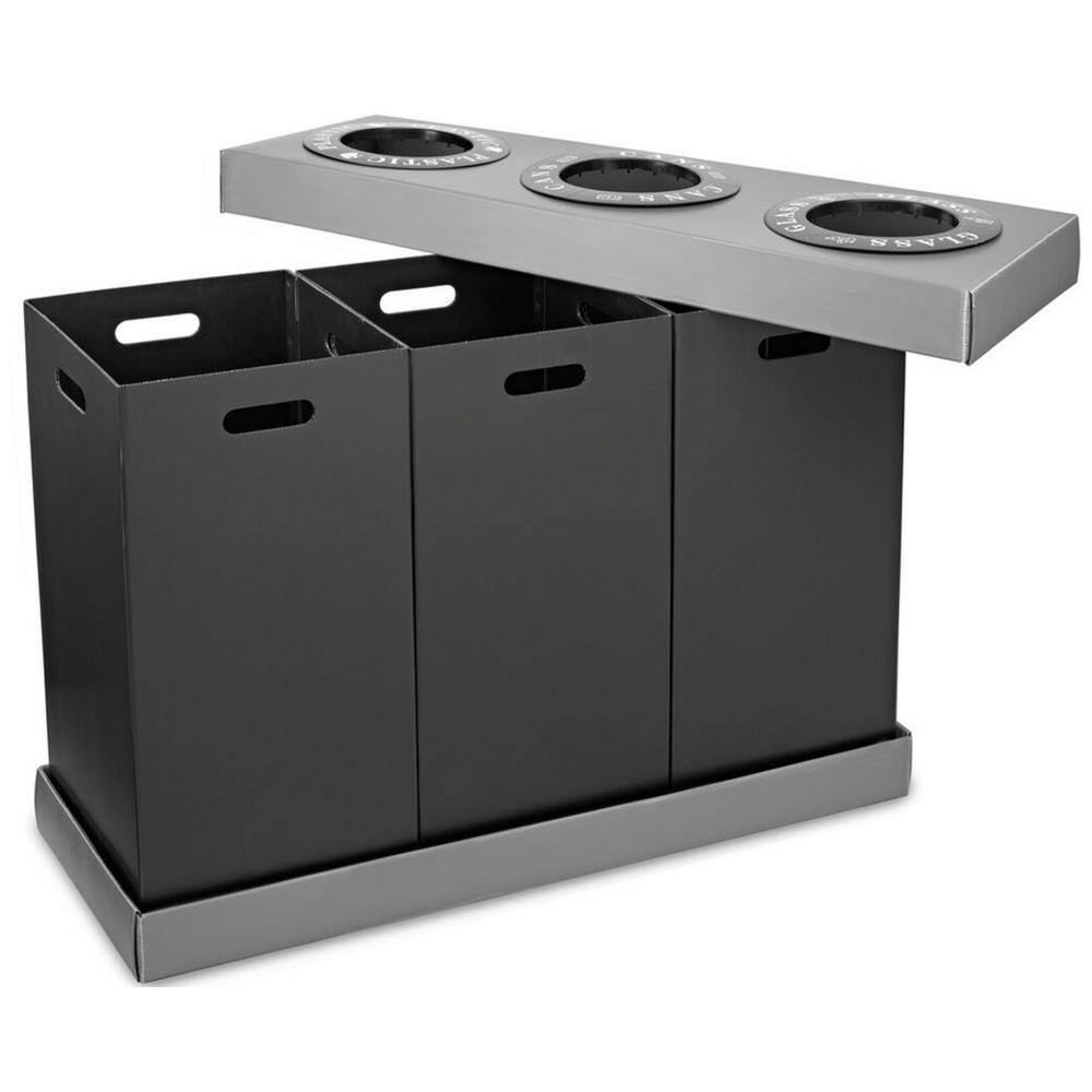 Alpine Industries 471-03-BLK 28 Gal. Black Corrugated Plastic 3-Compartment Indoor Trash Can and Recycling Bin