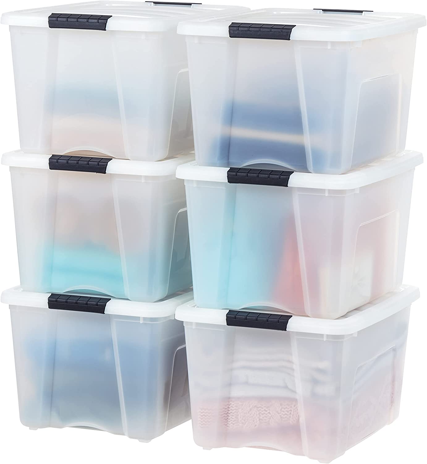 IRIS USA 40 Qt. Plastic Storage Container Bin with Secure Lid and Latching Buckles. 6 pack - Pearl. Durable Stackable Nestable Organizing Tote Tub Box Toy General Organization Medium