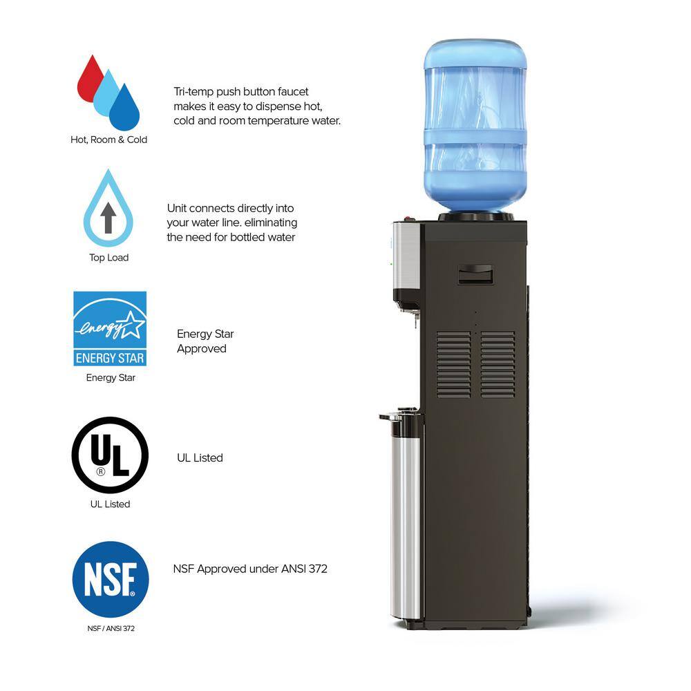 Brio CLTL520 Hot Cold and Room Temp Water Dispenser Cooler Top Load. Tri Temp. Black and Stainless Steel. Essential Series