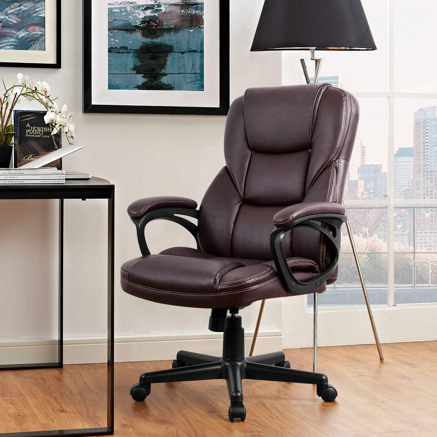 Lacoo Faux Leather High-Back Executive Office Chair with Lumbar Support. Brown