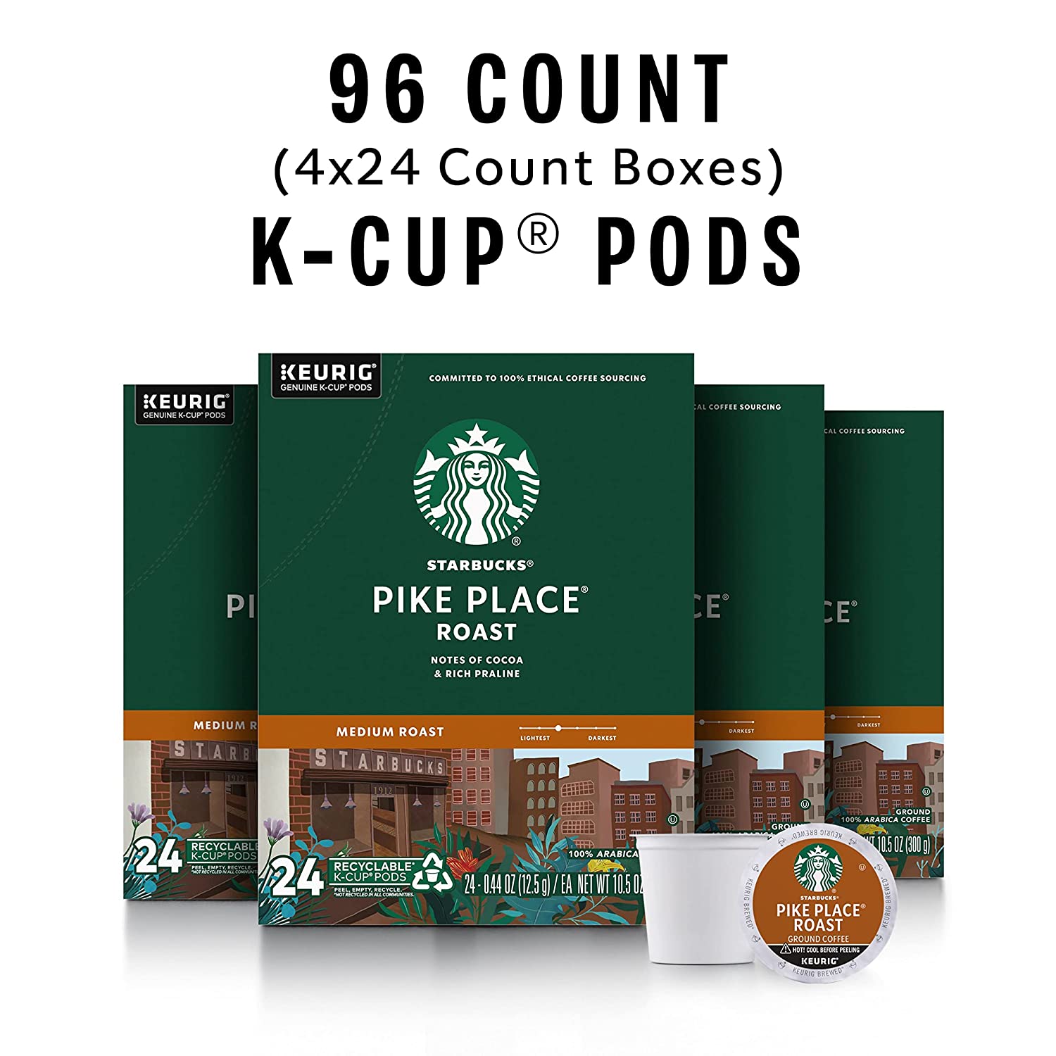 Starbucks K-Cup Coffee Pods. Medium Roast Coffee. Pike Place Roast for Keurig Brewers. 100% Arabica. 4 boxes (96 pods total)