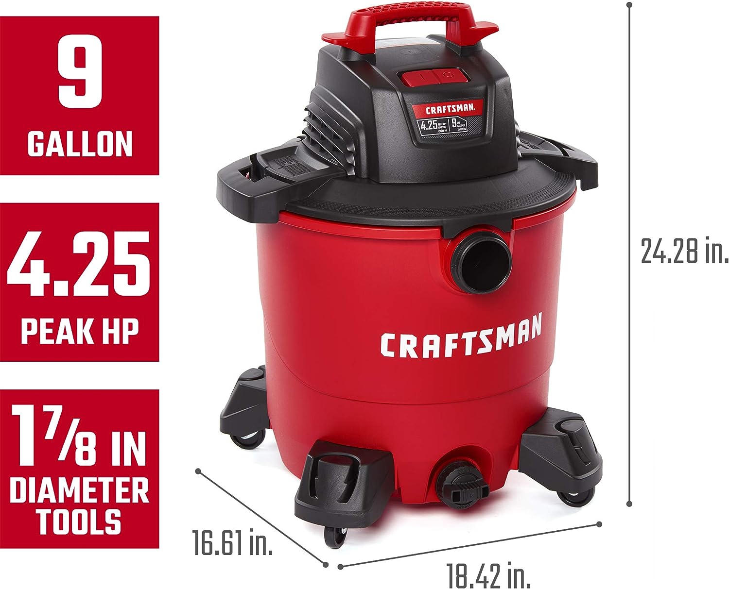 CRAFTSMAN CMXEVBE18590 9 Gallon 4.25 Peak HP Wet/Dry Vac. General Purpose Portable Shop Vacuum with 3 Dust Collection Bags and Attachments. Red