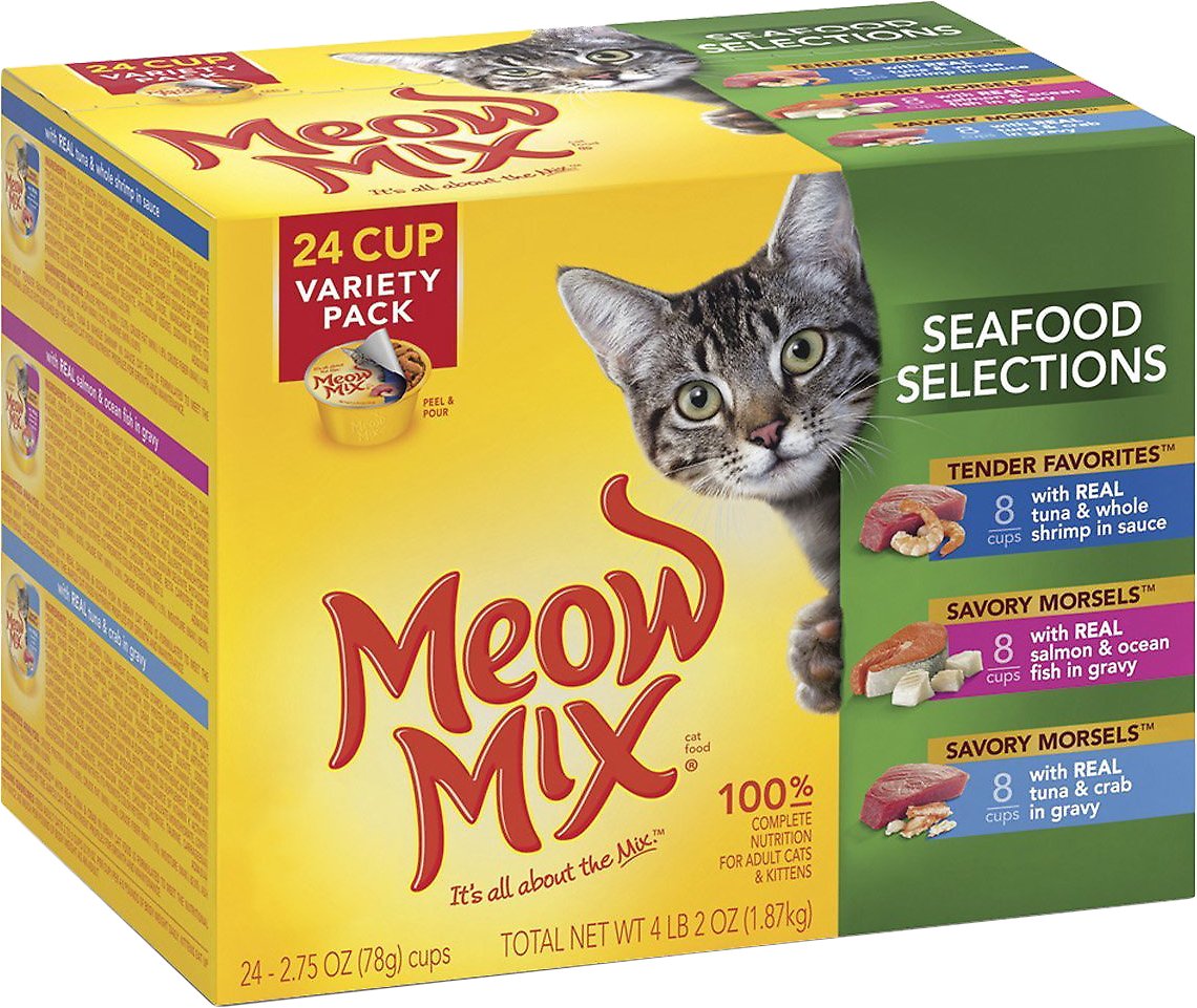 Meow Mix Seafood Selections Variety Pack Cat Food Trays. 2.75-oz. case of 24