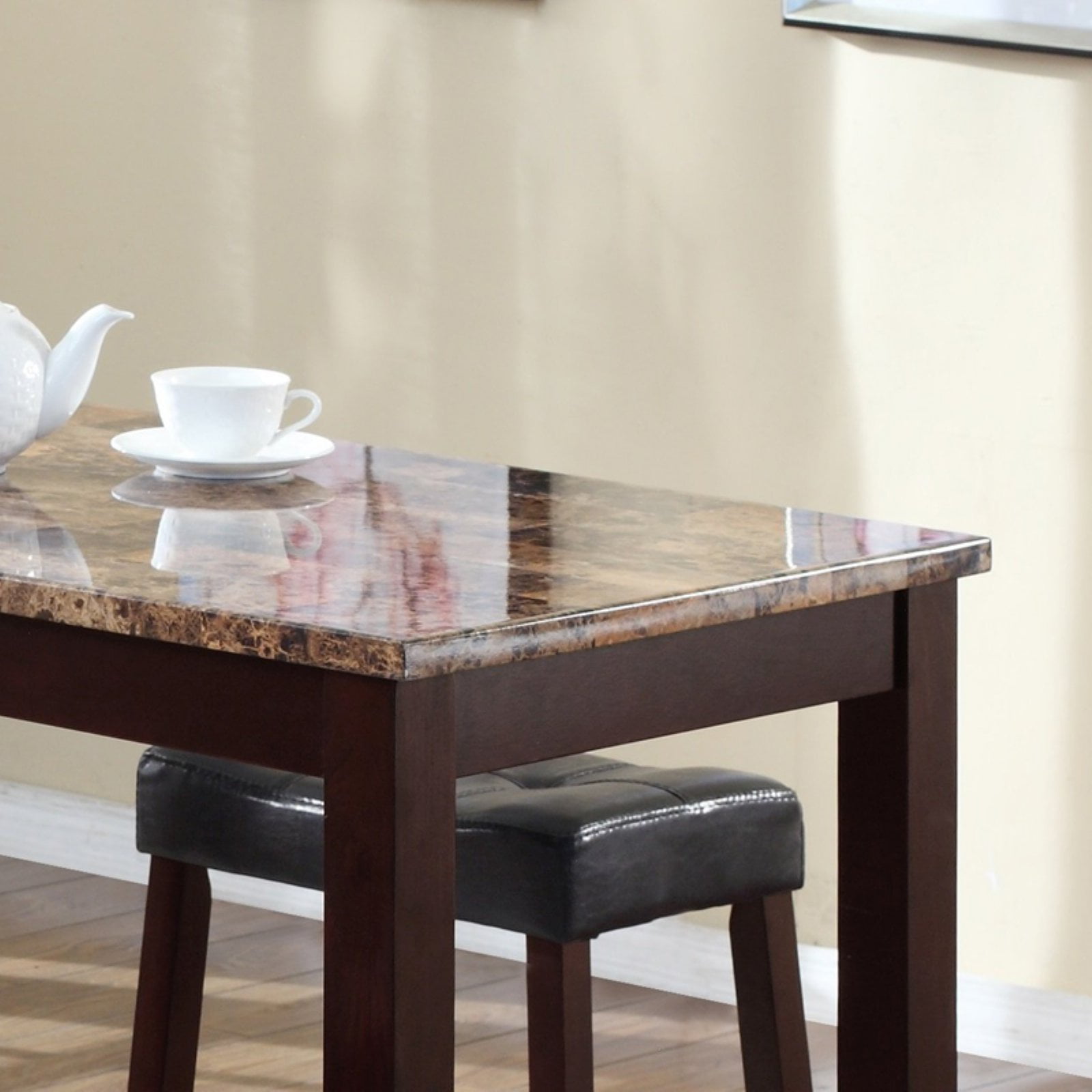 Roundhill Furniture 3-Piece Counter Height Glossy Print Marble Breakfast Table with Stools. Espresso