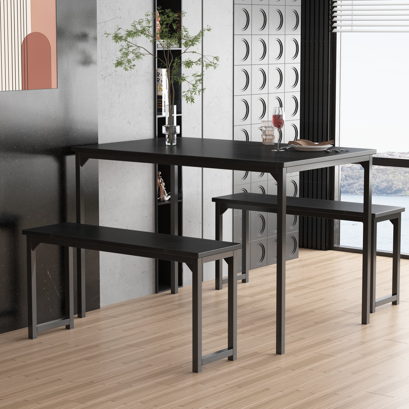 Bonzy Home Dining Room Table Set 3. 3 Piece Kitchen Table Set with Two Benches. Modern Wood Look Table Set. Dark Brown