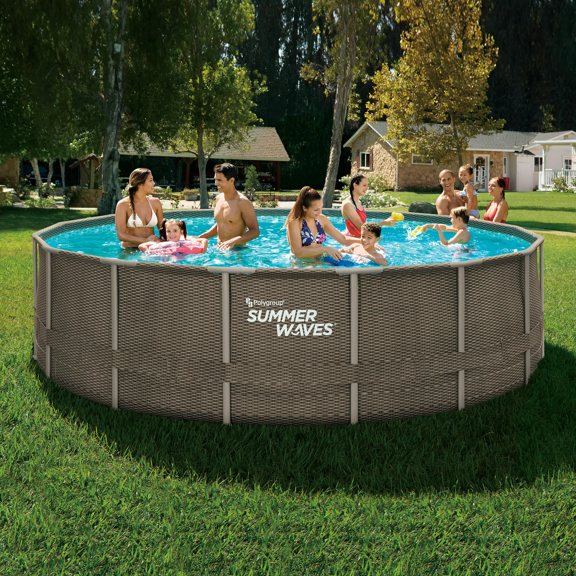 Summer Waves 16 ft Dark Double Rattan Elite Frame Pool. Round. Ages 6+. Unisex