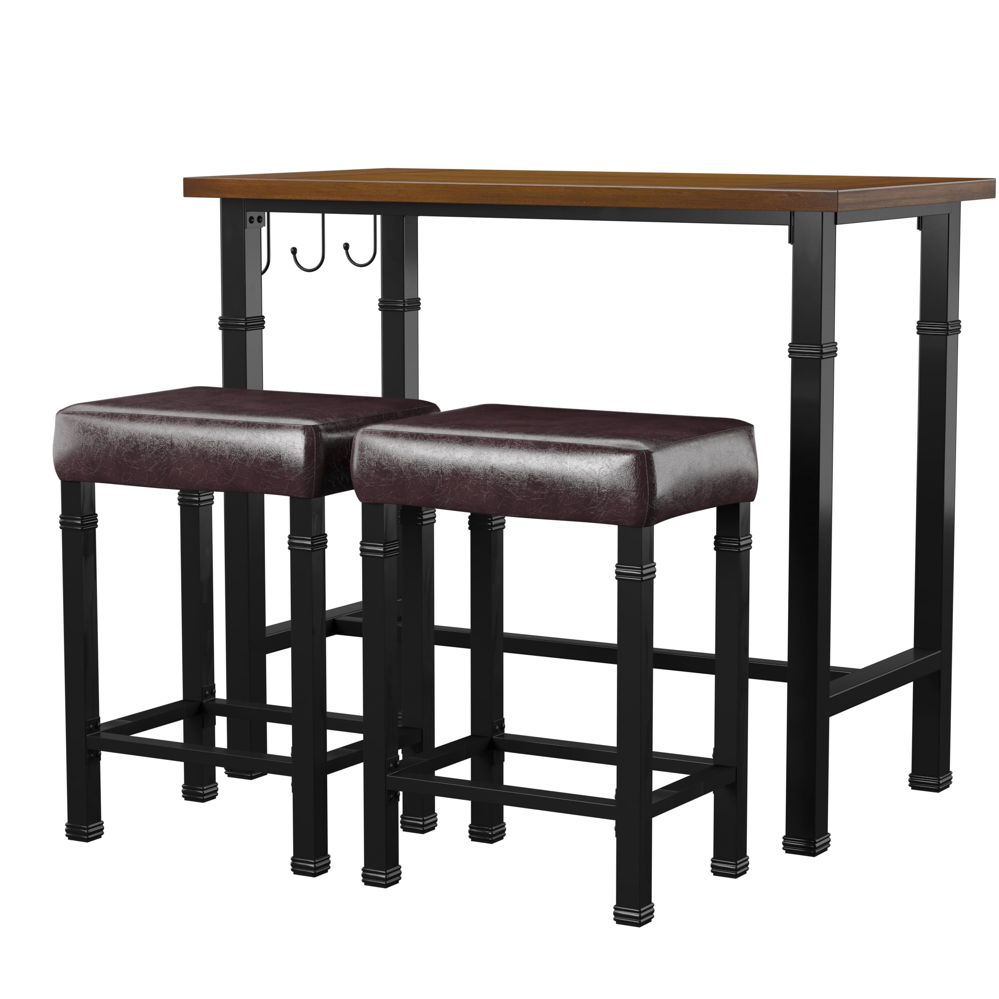 Linon Austin 3-Piece Casual Dining Tavern Set. 24″ Seat Height. Black Metal Finish with Brown Fabric