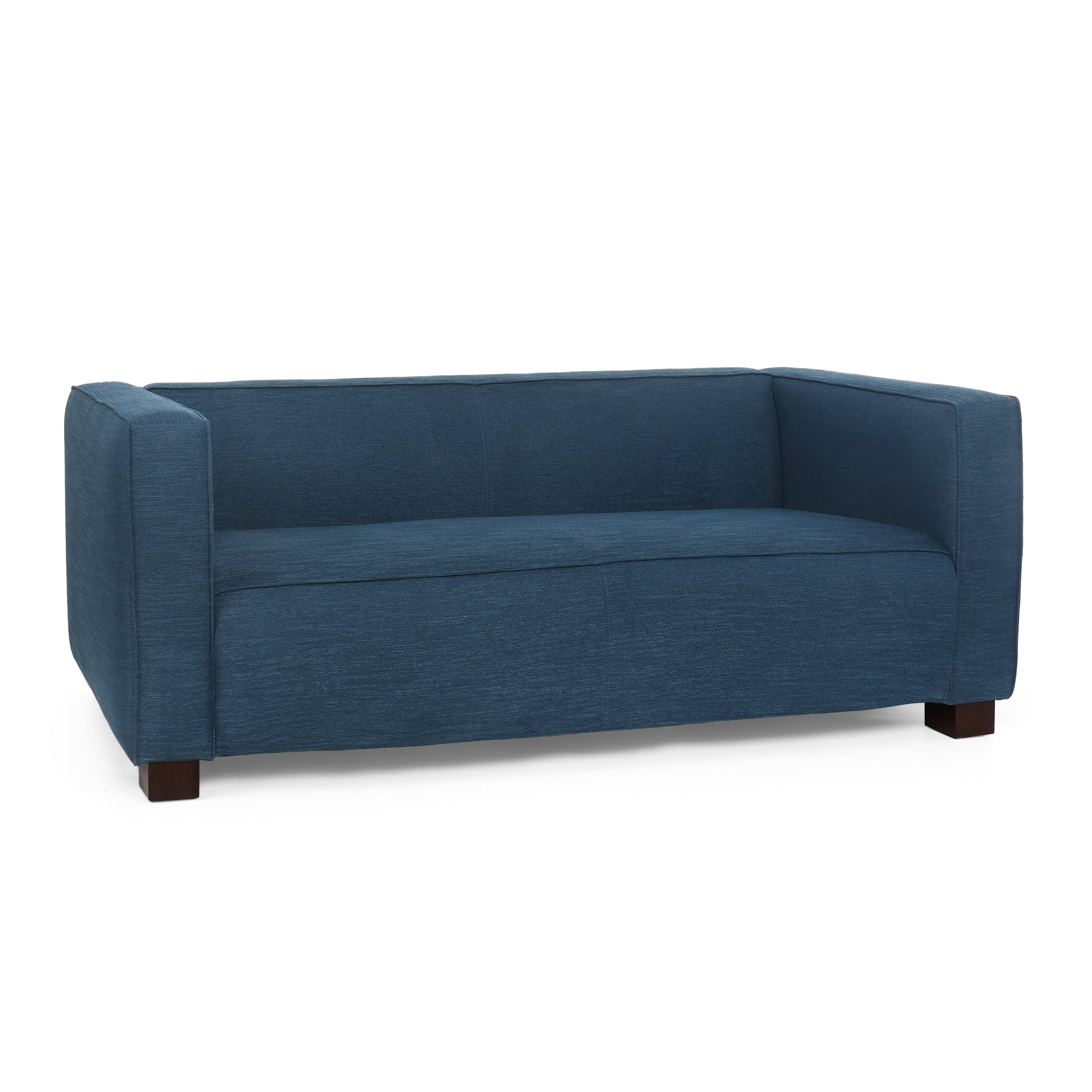 Noble House Bartram Indoor Fabric Upholstered Loveseat. Navy Blue and Dark Walnut