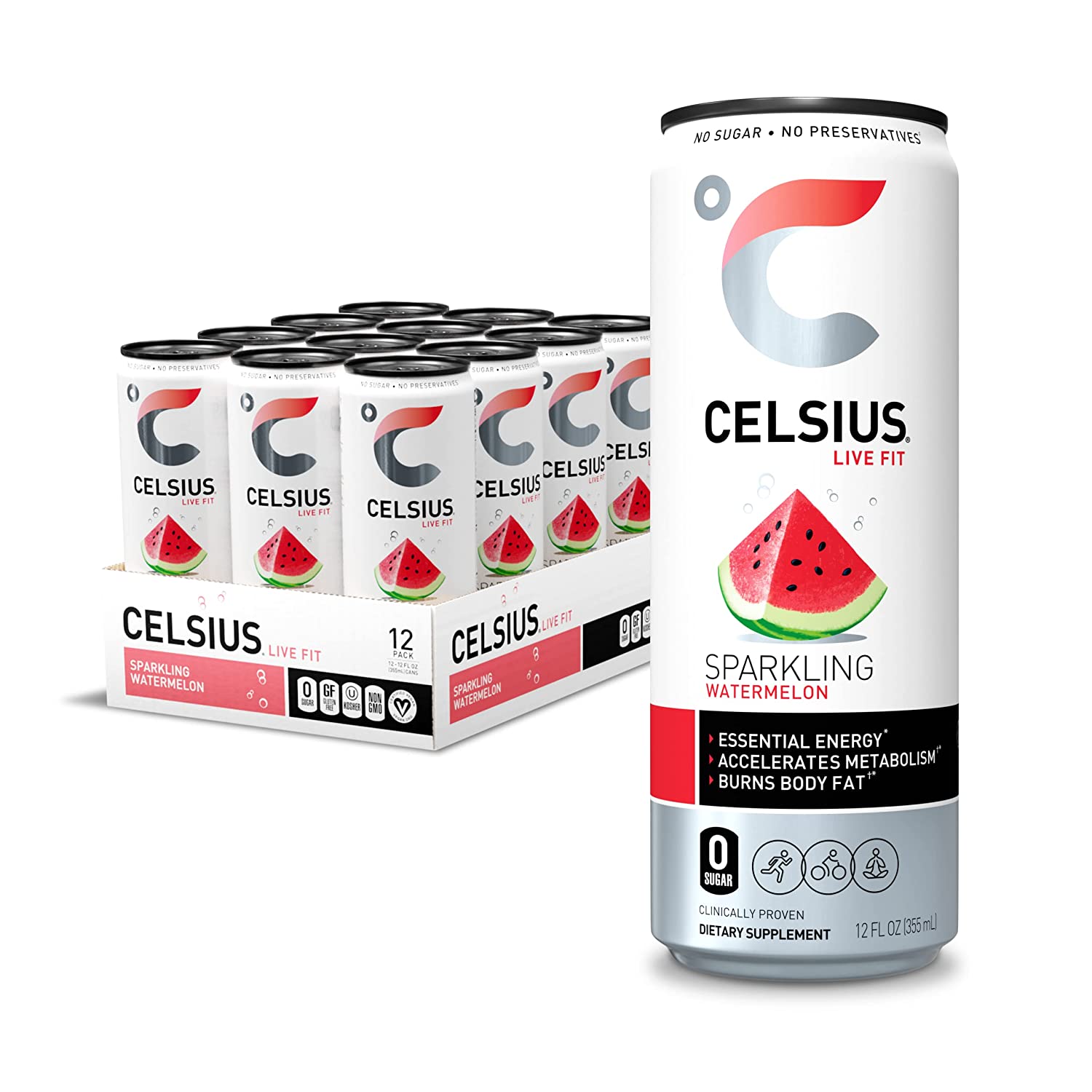 CELSIUS Essential Energy Drink 12 Fl Oz. Sparkling Watermelon (Pack of 12)
