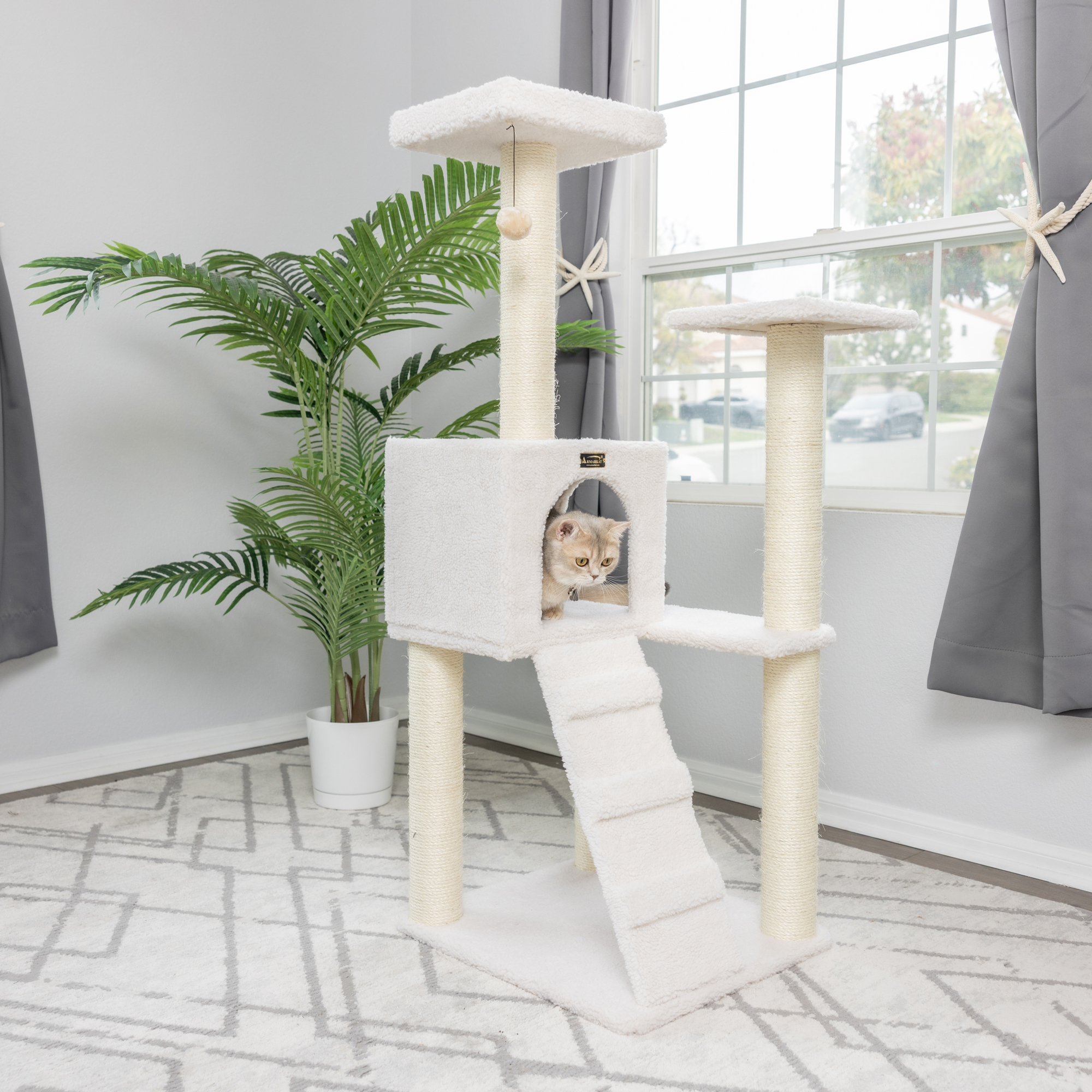 Armarkat 53-in real wood Cat Tree & Condo Scratching Post Tower. White
