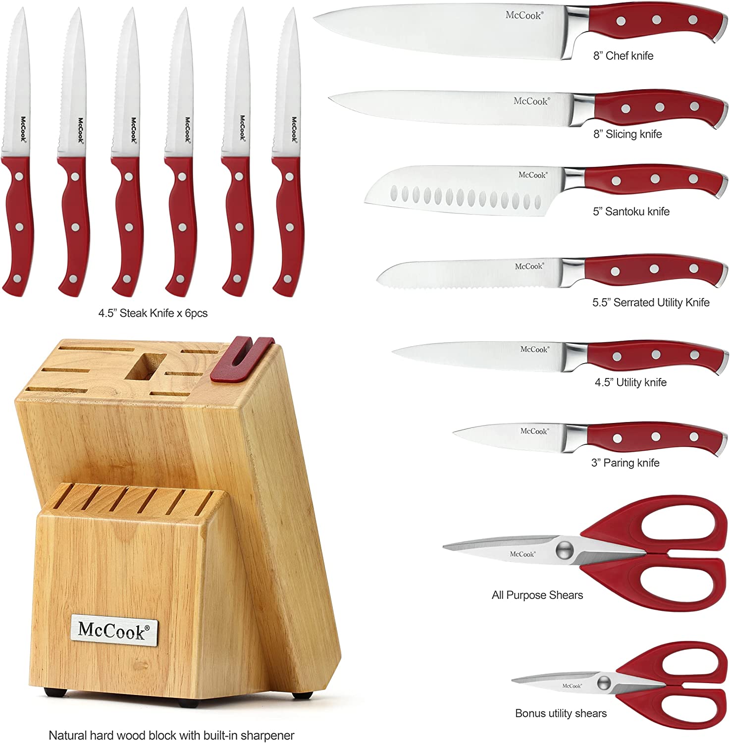 McCook® MC24 15 Pieces Stainless Steel Kitchen Knife Sets with Wooden Block. Kitchen Scissors and Built-in Sharpener. Red