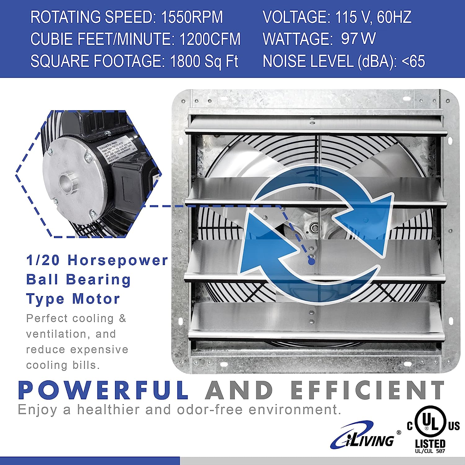 iLIVING 16″ Wall Mounted Shutter Exhaust Fan. Automatic Shutter. with Thermostat and Variable Speed controller. 0.85A. 1200 CFM. 1800 SQF Coverage Area Silver (ILG8SF16V-ST)