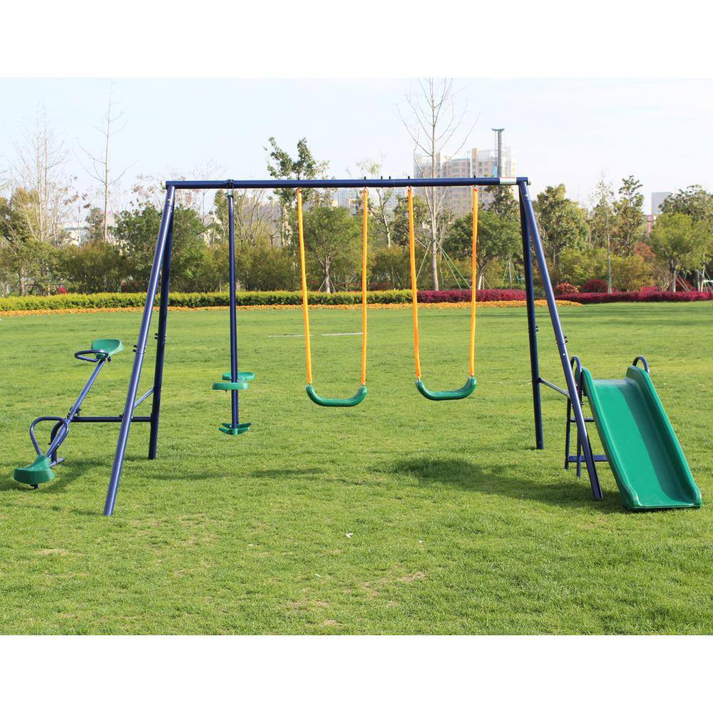 Unbranded LN20232363 Metal Outdoor Swing Set with 2 Swing Seats. 1 Glider. 1 Slide and 1 Teeter-Totter