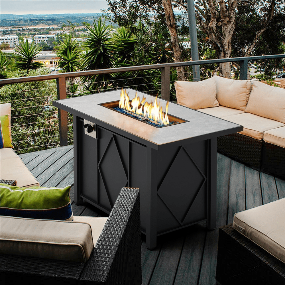 SMILE MART 43in Propane Fire Pit Table with Ceramic Tabletop & Steel Base. Black