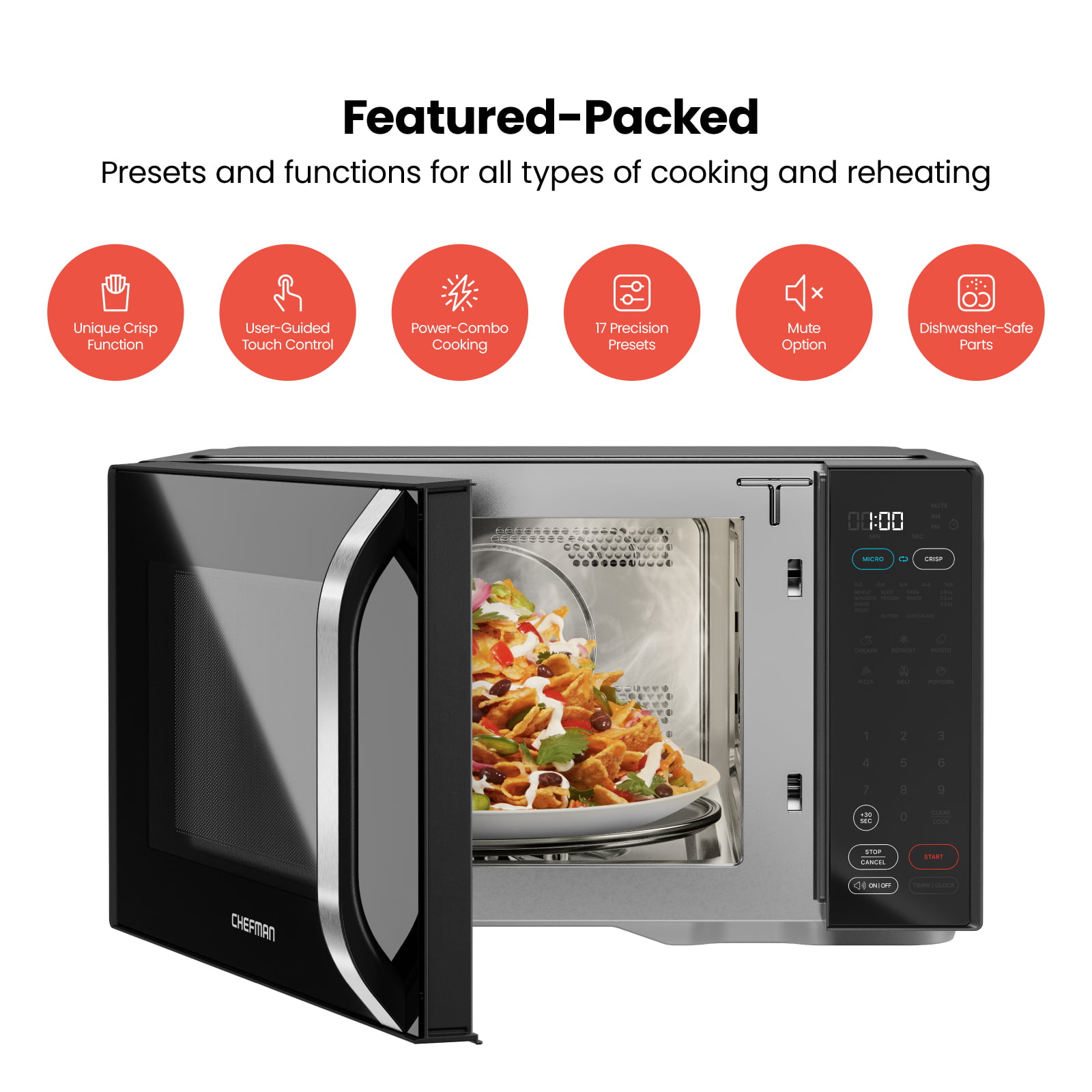 Chefman Microcrisp 1.1 cu. ft. Countertop Microwave Oven + Crisper. 1800 Watts. Black