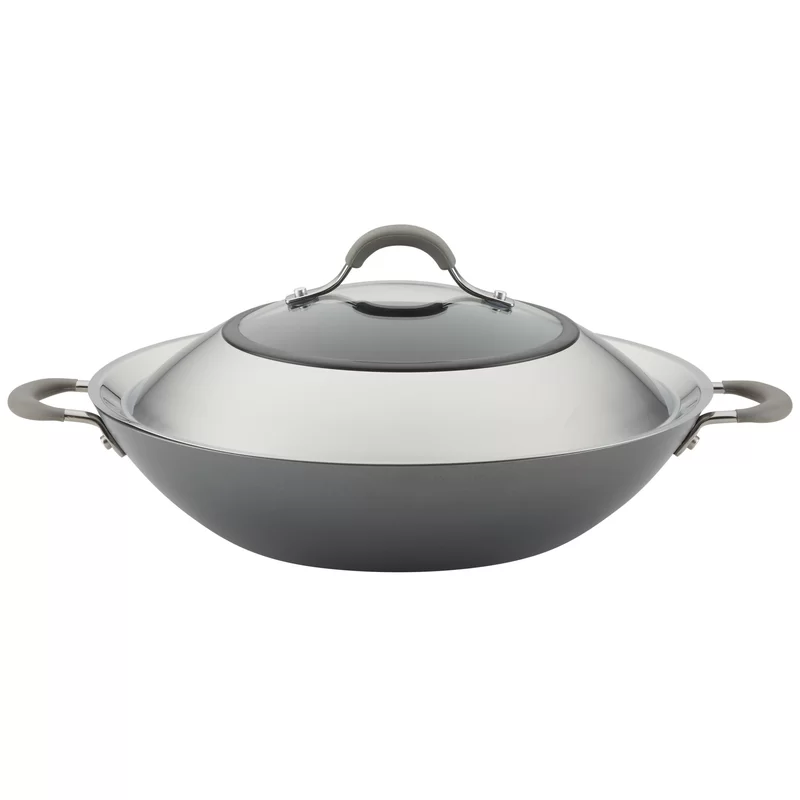 Circulon 81402 Elementum Hard-Anodized Nonstick Covered Wok with Side Handles. 14-Inch. Oyster Gray