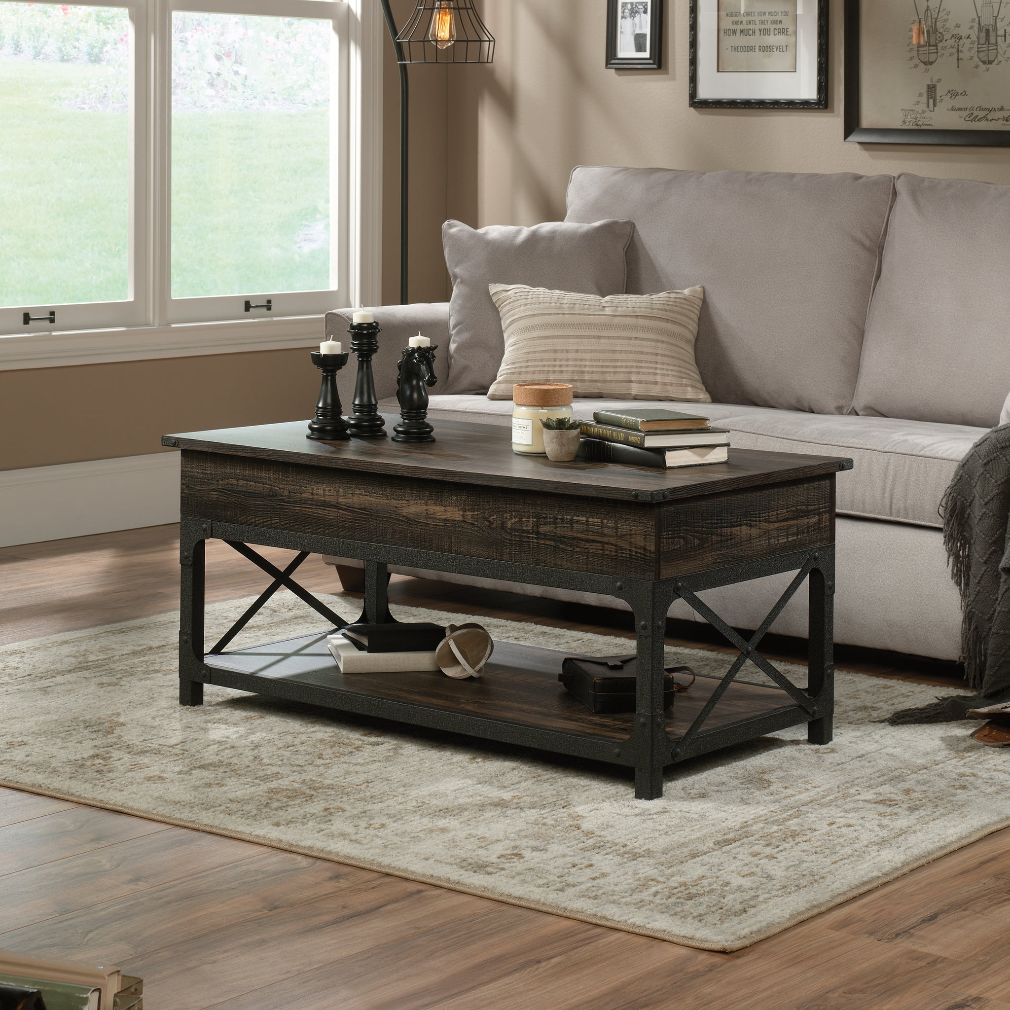 Sauder Steel River Rustic Lift Top Coffee Table with Shelf & Storage. Carbon Oak Finish