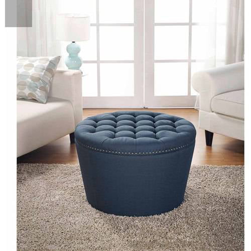 Better Homes & Gardens Round Tufted Storage Ottoman with Nailheads. Navy