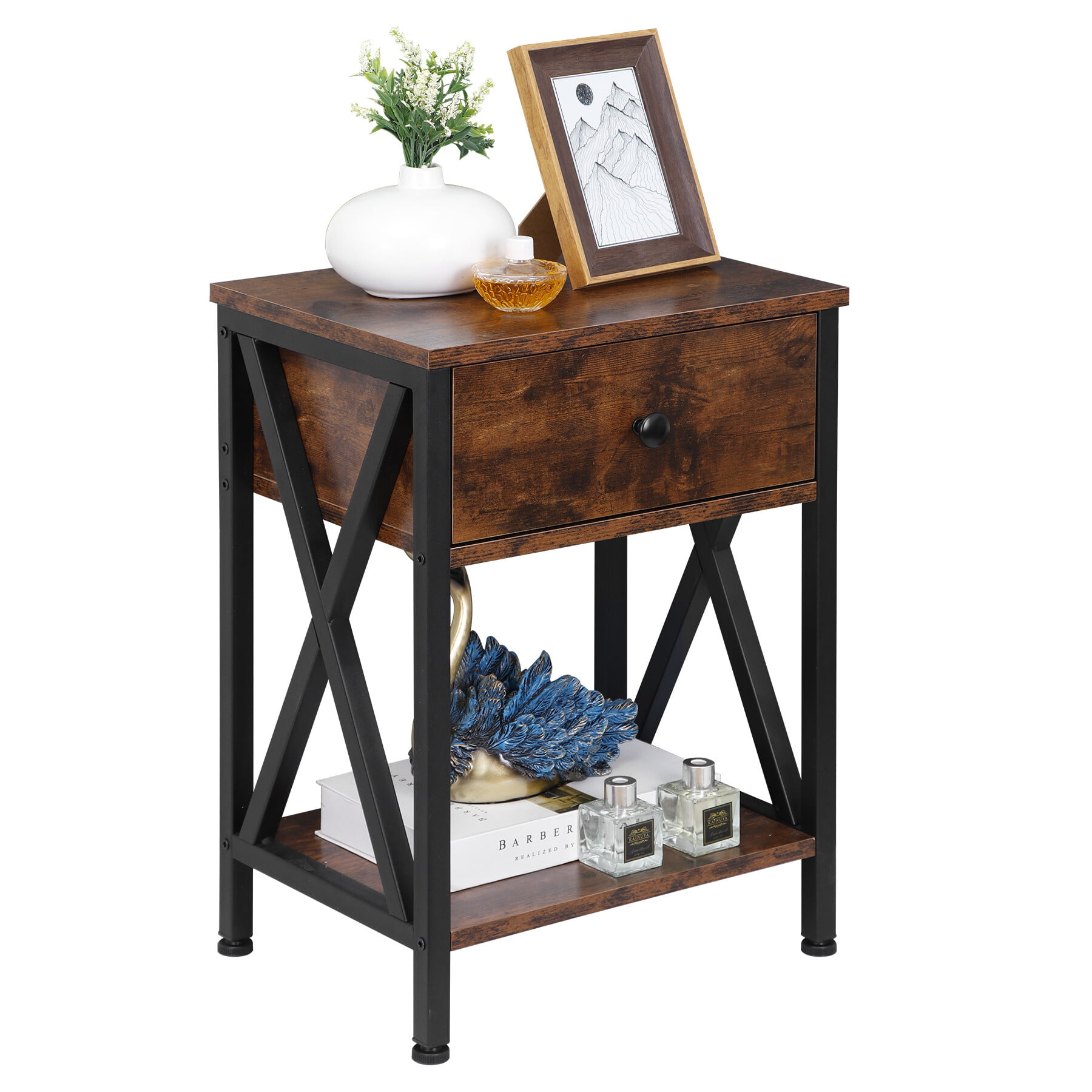 ZENSTYLE Set of 2 End Table Sofa Side Tables with X-Design Metal Frame for Bedroom Home Brown