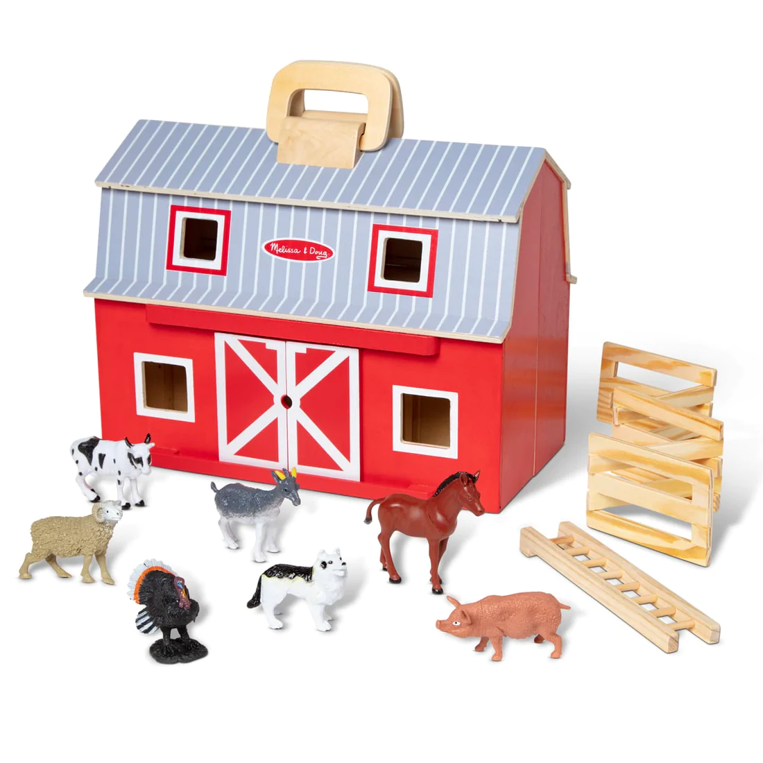 Melissa & Doug Fold and Go Wooden Barn With 7 Animal Play Figures - Farm Animals Barn Toy. Portable Toys. Farm Toys For Kids And Toddlers Ages 3+