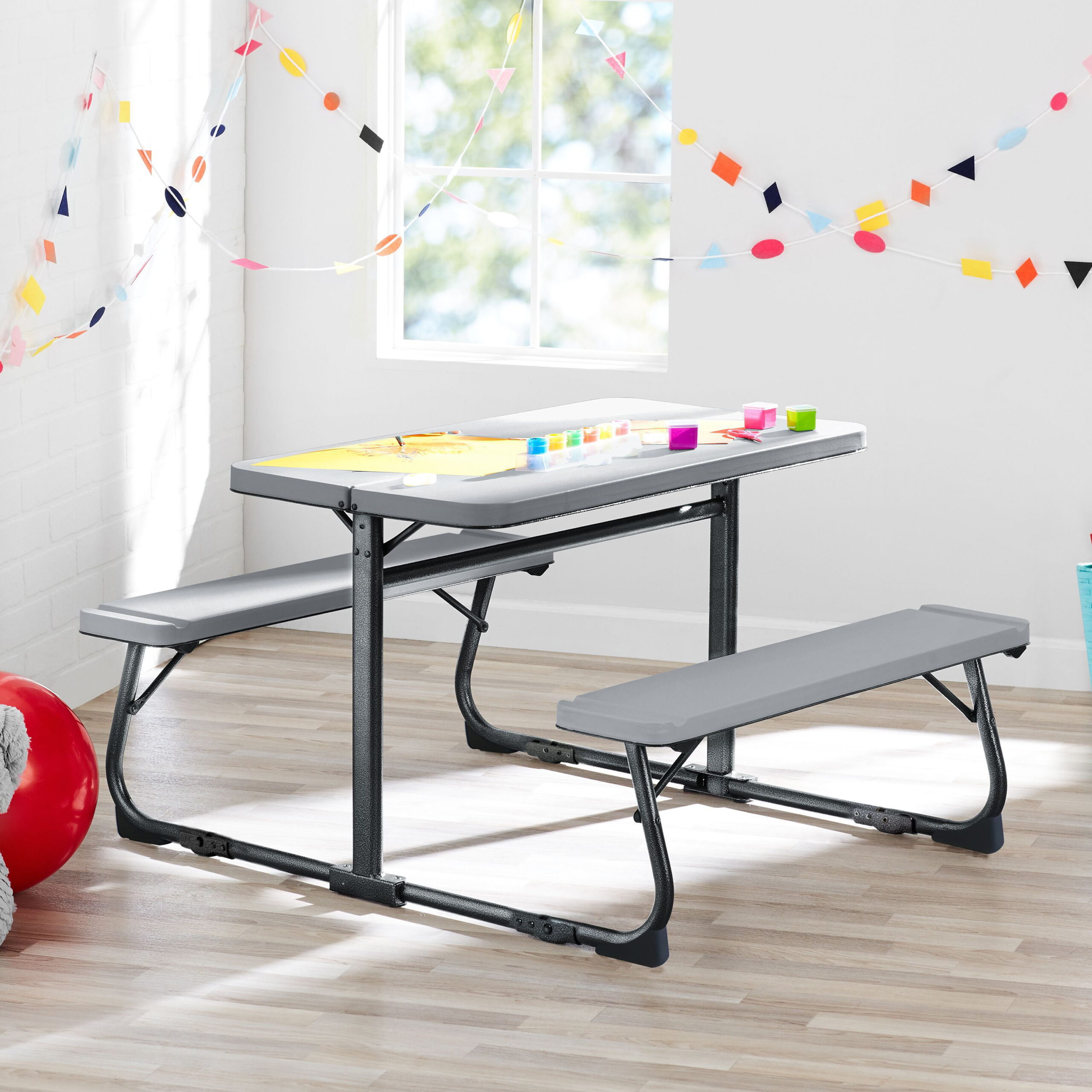 Your Zone Folding Kid-s Activity Table with Gray Texture Surface. Steel and Plastic. Multi-Functional. 33.11″ x 40.94″ x 21.85″