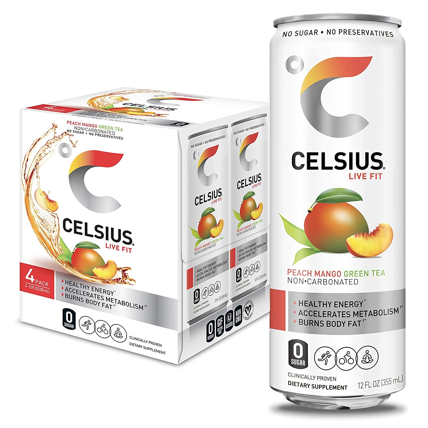 CELSIUS Peach Mango Green Tea. Fitness Energy Drink. Pack of 4. 12 Fl Oz