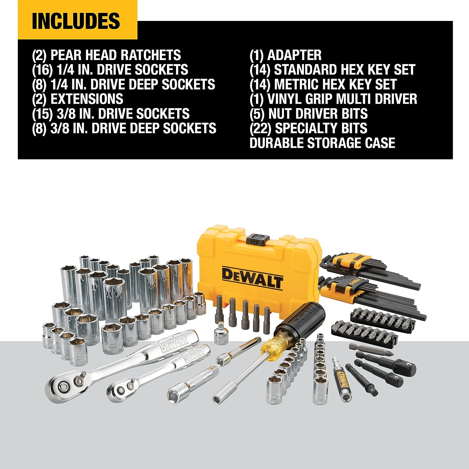 DEWALT Mechanics Tools Kit and Socket Set. 1/4″ & 3/8″ Drive. SAE. 108-Piece (DWMT73801)
