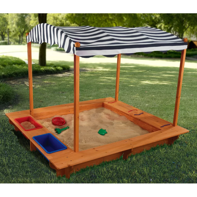 KidKraft Outdoor Covered Wooden Sandbox with Bins and Striped Canvas Canopy. Kids- Outdoor Furniture. Navy & White. Gift for Ages 2-8