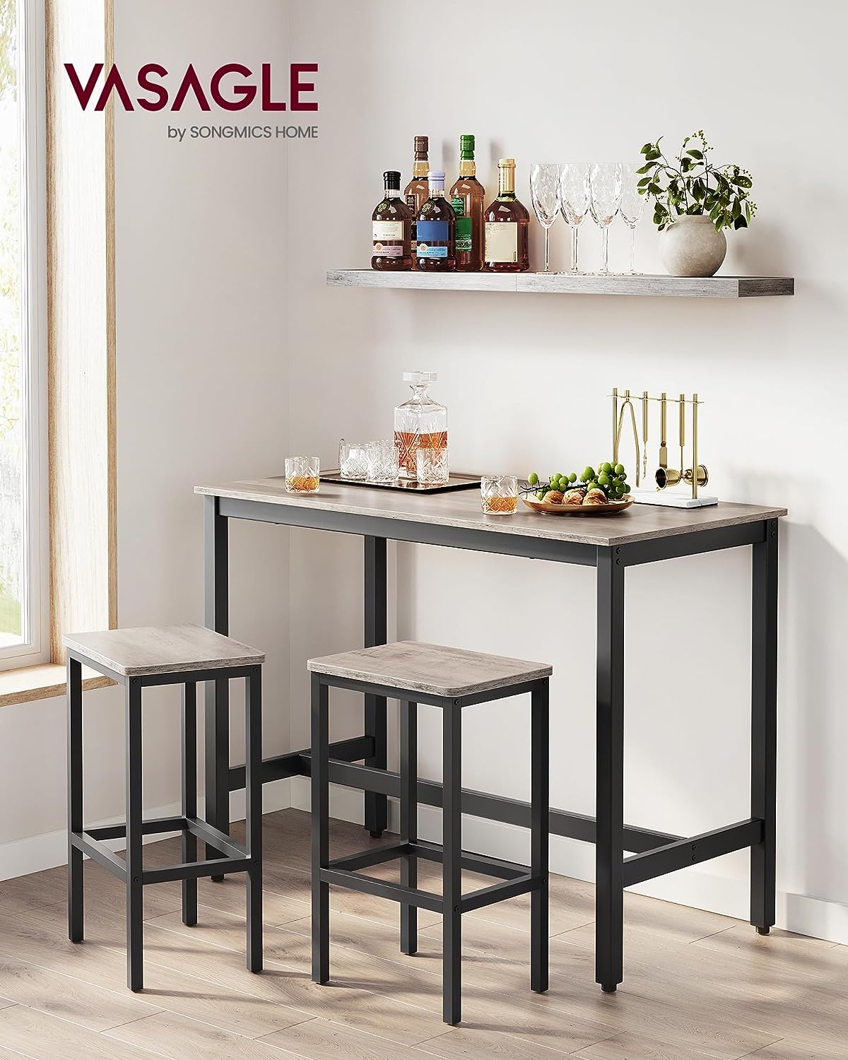VASAGLE Bar Table Set. Bar Table with 2 Bar Stools. Dining table set. Kitchen Counter with Bar Chairs. Industrial for Kitchen. Living Room. Party Room. Greige and Black ULBT015B02
