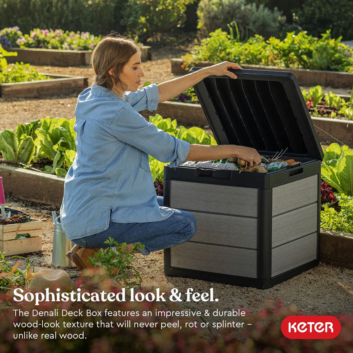 Keter Denali 30 Gallon Resin Deck Box for Patio Furniture. Pool Accessories. and Storage for Outdoor Toys. Grey/Black