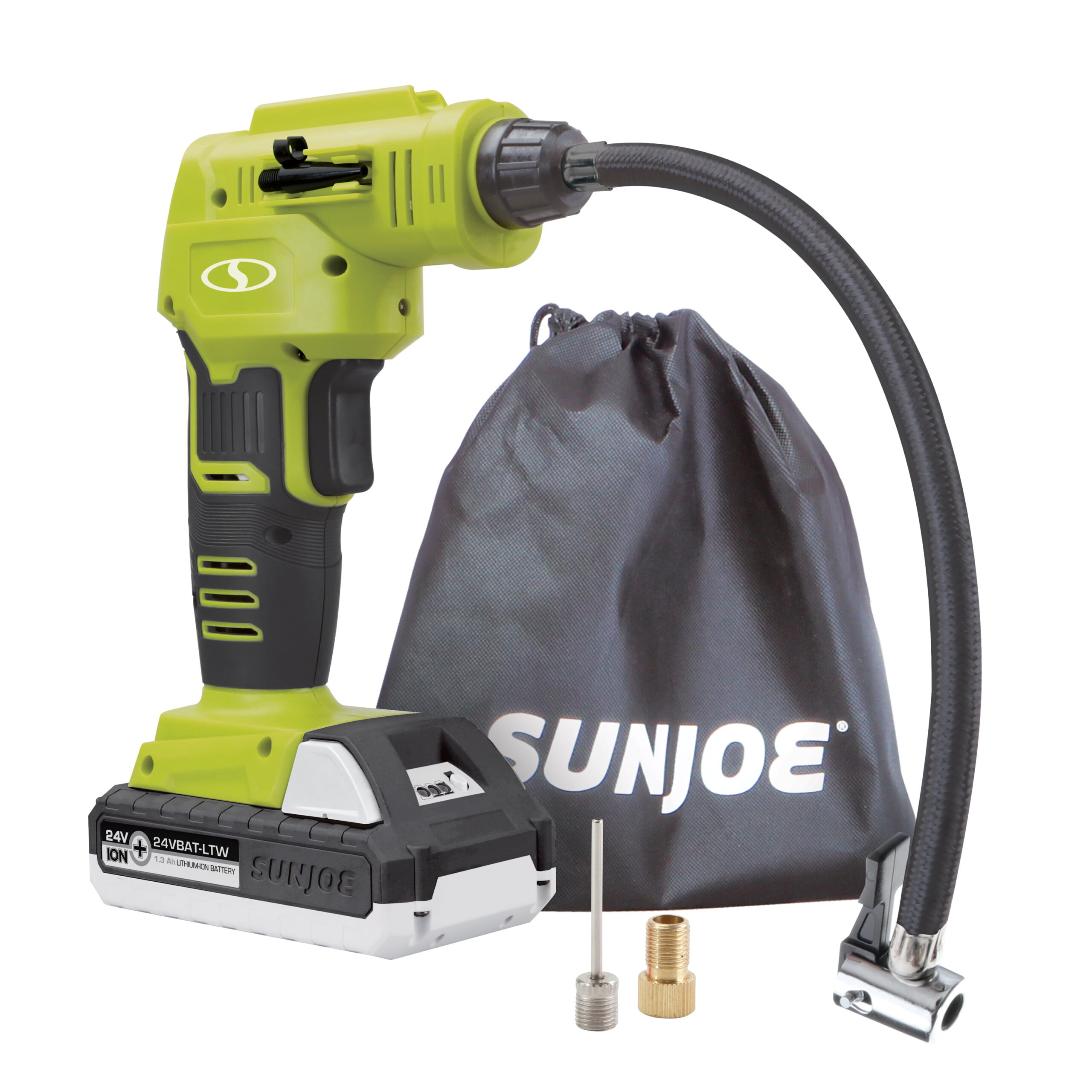 Sun Joe 24V-AJC-MAX Cordless Portable Air Compressor Kit . W/ 1.3-Ah Battery. Nozzle Accessories. and Storage Bag