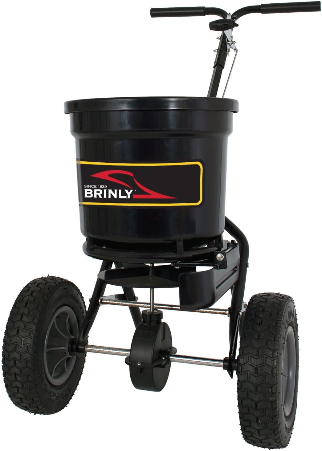 Brinly P20-500BHDF-A Push Spreader with Side Deflector Kit and Hopper Grate. 50 lb. Capacity. Matte Black