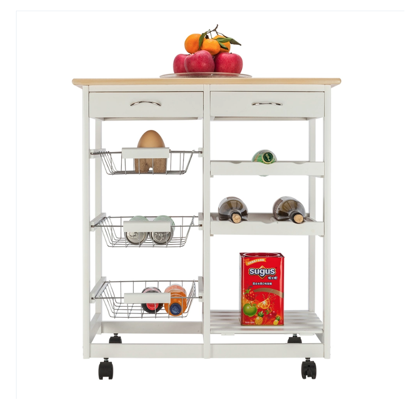 DISCOUNTTODAY  Moveable Kitchen Cart with Two Drawers & Two Wine Racks & Three Baskets White YJ