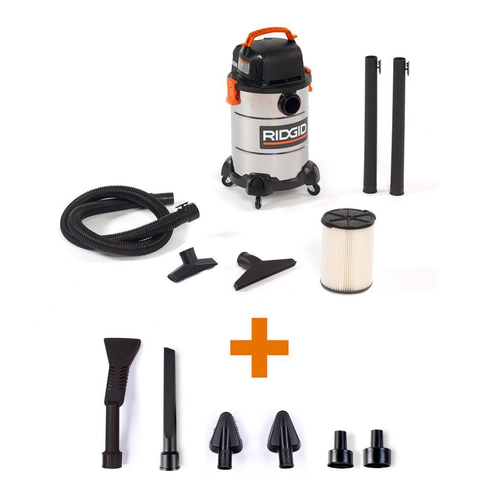 RIDGID WD6425B 6 Gal. 4.25-Peak HP Stainless Steel Wet/Dry Shop Vacuum with Filter. Hose. Accessories and Car Cleaning Attachment Kit