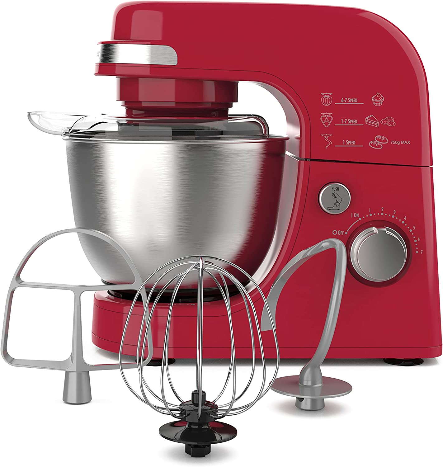 Hamilton Beach Electric Stand Mixer. 4 Quarts. Dough Hook. Flat Beater Attachments. Splash Guard 7 Speeds with Whisk. Red