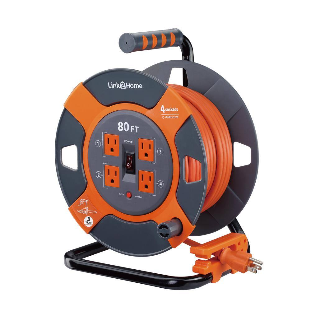 Link2Home EM-EL-800E 80 ft. 14/3 Extension Cord Storage Reel with 4 Grounded Outlets and Surge Protector