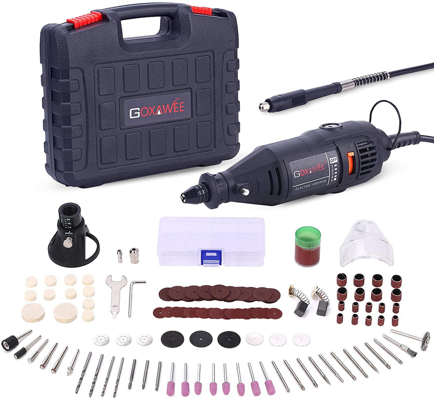 GOXAWEE 130W Rotary Tool Kit with MultiPro Keyless Chuck and Flex Shaft. 140pcs Accessories Variable Speed Electric Drill Set. for Handmade Crafting Projects and DIY Creations
